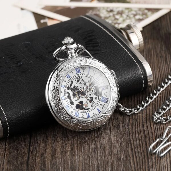 Fashion Automatic Mechanical Pocket Watch for Men Women Unisex Vintage Numbers Retro Style Bronze Mechanical Pocket Watch Chain