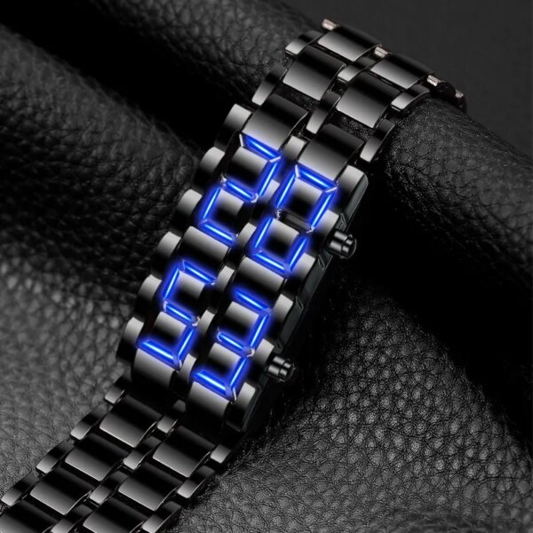 Fashion Black Full Metal Digital Lava Wrist Watch Men Blue LED Display Mens Watches Gifts for Male Boy Sport Creative Clock