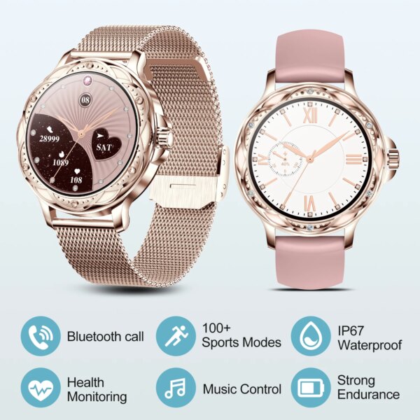 Fashion Bluetooth Call Smart Watch For Women 100+ Sports Modes Fitness Tracker Camera Music Control IP67 Waterproof Smartwatch