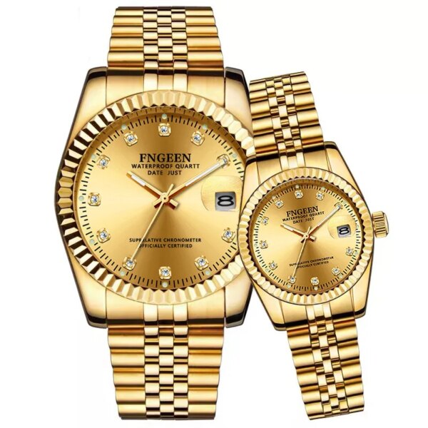 Fashion Brand Couple Watches for Men Women Gold Classic Quartz Stainless Steel Wristwatches with Luminous Hands Date and Box