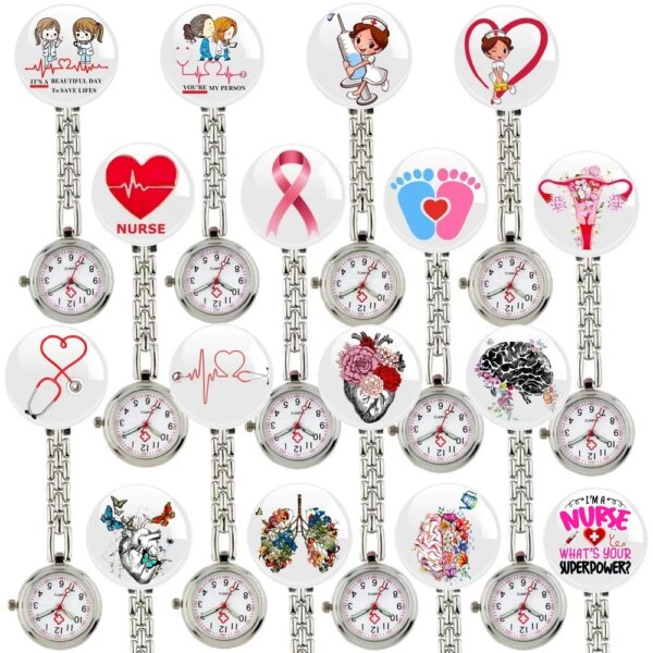 Fashion Cartoon Characters Glass Cabochons Printed Nurse Doctor Lovely Clips Hang Pocket Watches Hospital Medical Office Clock