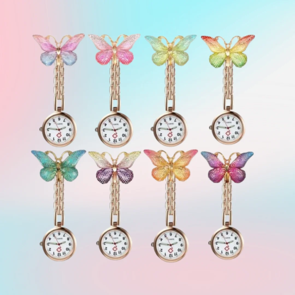 Fashion Colourful Gradient Resin Butterfly Rose Gold Alloy Cartoon Cute Crystal Butterfly Nurse Pocket Watch Gift Watches Clock