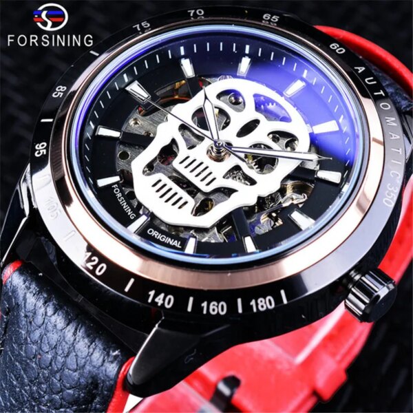 Fashion Forsining Top Brand Men's Casual Night Glow Skull Hollow Out Skeleton Waterproof Leather Mechanical Automatic Watches