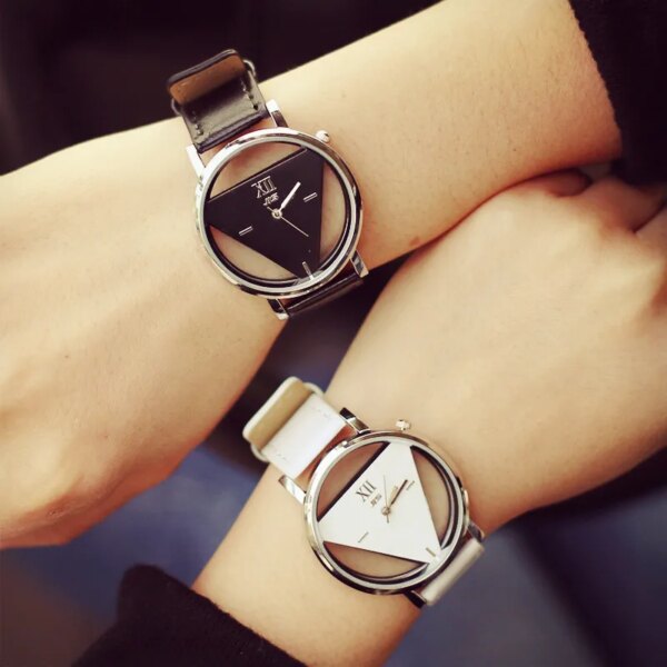 Fashion Hollow Triangle Women Quartz Watches Simple Novelty Individualism Creative Wrist Couple Watch Black White Leather Clock