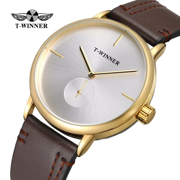 Fashion T-winner Top Brand Men Mechanical Watches Genuine Leather Strap Luxury Business Men's Black Case Dress Relogio Masculino