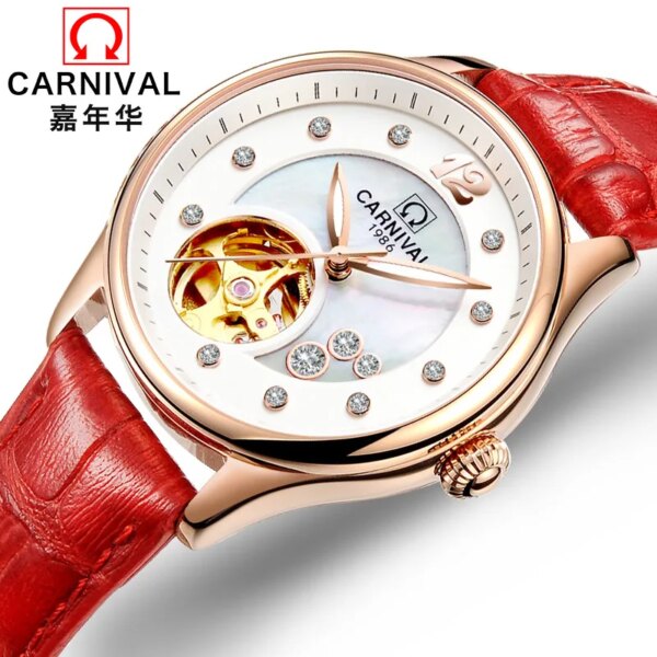 Fashion Tourbillon Women Watch CARNIVAL Luxury MIYOTA Automatic Watch Women Sapphire Genuive leather strap Luminous Montre femme