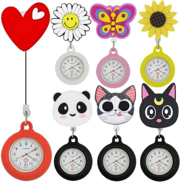 Fashion lovely cartoon animal design scalable soft rubber nurse pocket watches ladies women doctor smile Medical watches