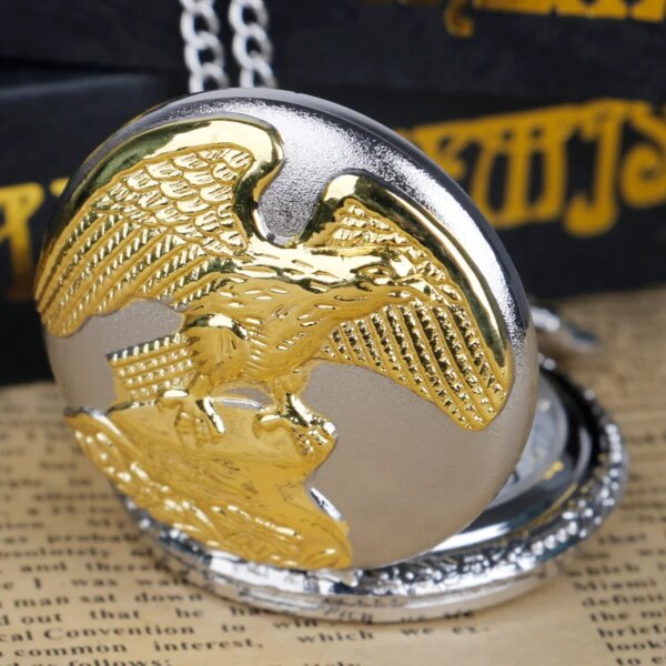 Fashionable and Exquisite Gold and Silver Eagle Quartz Pocket Watch Simulated Pendant Necklace Chain Watch for Men and Women