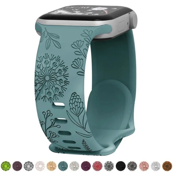 Floral Engraved Silicone Strap for Apple Watch 49mm 45mm 44mm 38mm 40mm 41mm Sport Band for IWatch Series Ultra 2/9/8/7/6/5/4/3