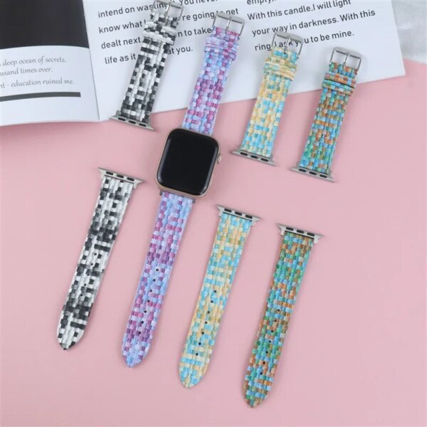 For Apple Watch Leather Watch Strap For Men Women Watchband Checkered Braided Grain iWatch Strap Series 9 7 SE 6 8 5 4 Ultra 2