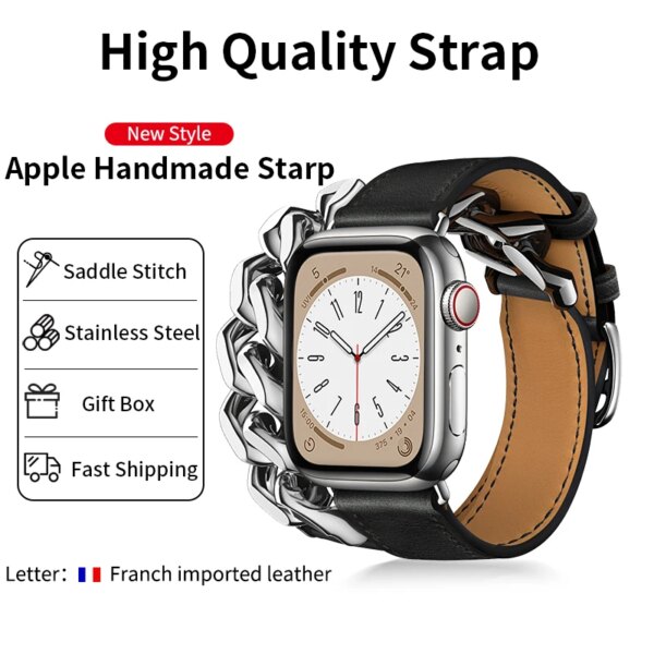 For Quality New Design Leather Band for Apple Watch 9 8 Ultra 7 6 SE 5 449mm 45mm 41mm Iwatch Strap Steel Bracelet Double Tour