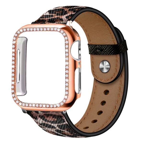 For apple watch Ultra 2 49mm 41mm 45mm 40mm 44mm Leopard print leather band bling PC protector case iwatch se 9 8 7 6 5 4 strap