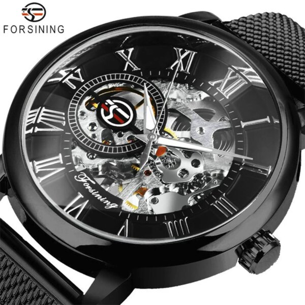 Forsining Classic Retro Mechanical Watches Luminous Hands Luxury Skeleton Watch for Men Black Mesh Stainless Steel Strap Clock