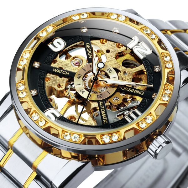 Forsining Luxury Diamond Mechanical Watches Luminous Hands Retro Skeleton Gold Watch for Men Stainless Steel Strap Wristwatches