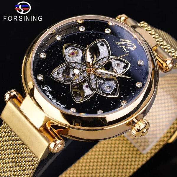 Forsining Mechanical Automatic Womens Watches Top Brand Luxury Diamond Creative Dial Gold Mesh Waterproof Fashion Ladies Watches