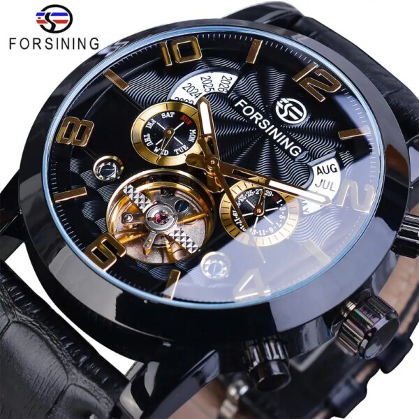 Forsining Top Brand Mechanical Male Wristwatches Skeleton Flywheel Tourbillon Waterproof Leather Strap Calendar Business Watches