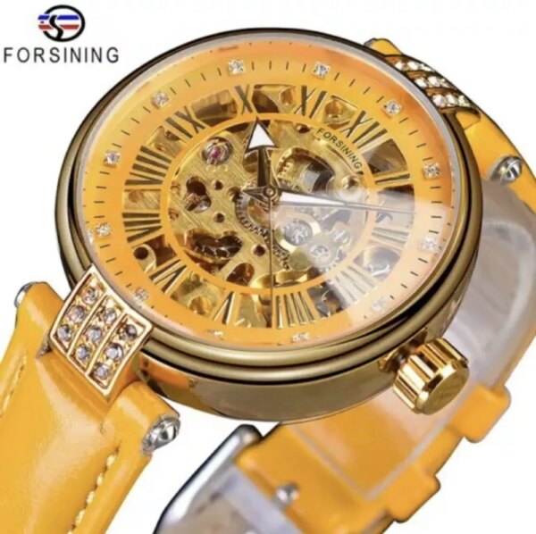 Forsining Womens Automatic Transparent Skeleton Luxury Yellow Leather Band Ladies Watch Женские автоматические часы