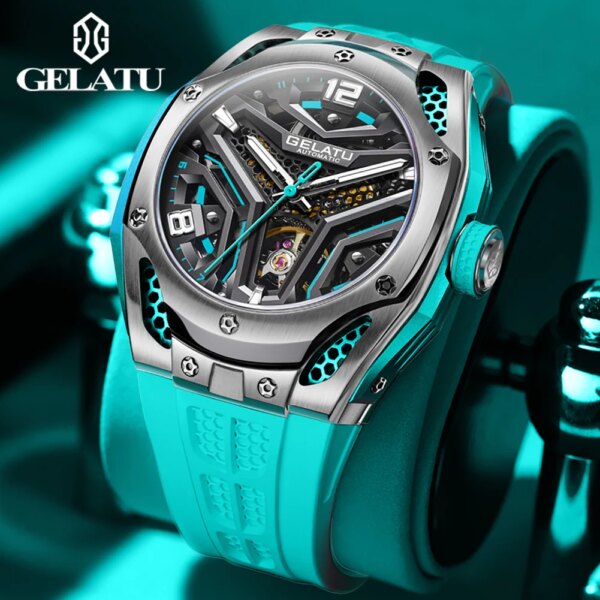 GELATU 6007 Automatic Mechanical Watch for Men Original Luxury Skeleton Silicone Sapphire Crystal 50ATM Waterproof Men's Watches