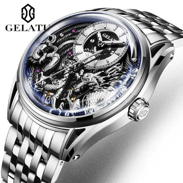 GELATU Dragon Engraved Dial Automatic Mechanical Watch for Men Steel Waterproof Mens Watches Top Brand Luxury Reloj Hombre