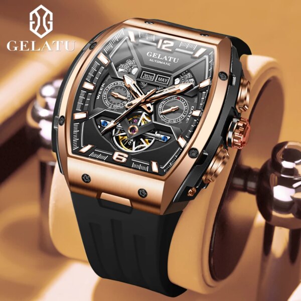 GELATU Men Tonneau Mechanical Watches Fully Automatic Movement Sapphire Mirror Original Wristwatch Personalized Colors Calendar