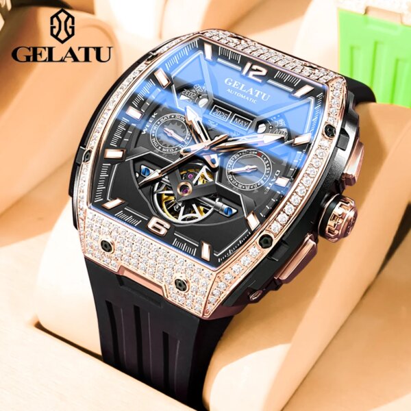 GELATU TOP Brand Original Men's Watches Full Diamond Flywheel Design Dual Calendar Automatic Mechanical Watch for Men Wristwatch