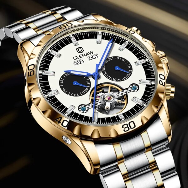 GLENAW Automatic Watches Waterproof Stainless steel Luminous Month Phase Date Watch for Men Luxury Brand Wristwatch Mechanical