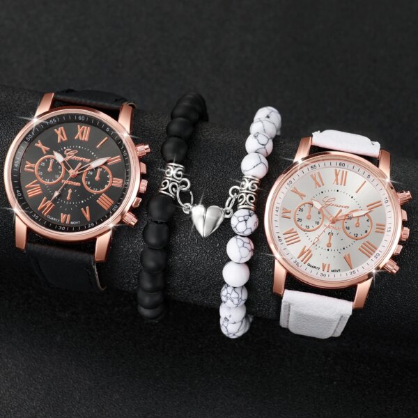 Geneva Couple Watch Casual Leather Strap Women Quartz Watch Magnetic Love Beaded Bracelet Set（Without Box）