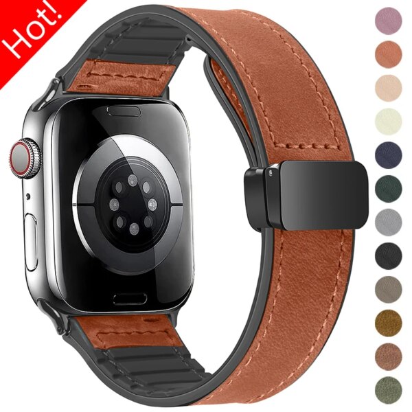 Geniune Leather Strap for Apple Watch Ultra 2 49mm 41mm 42mm 45mm 44mm 40mm Magnetic Bracelet for IWatch Series 9 8 7 6 SE 5 4 3