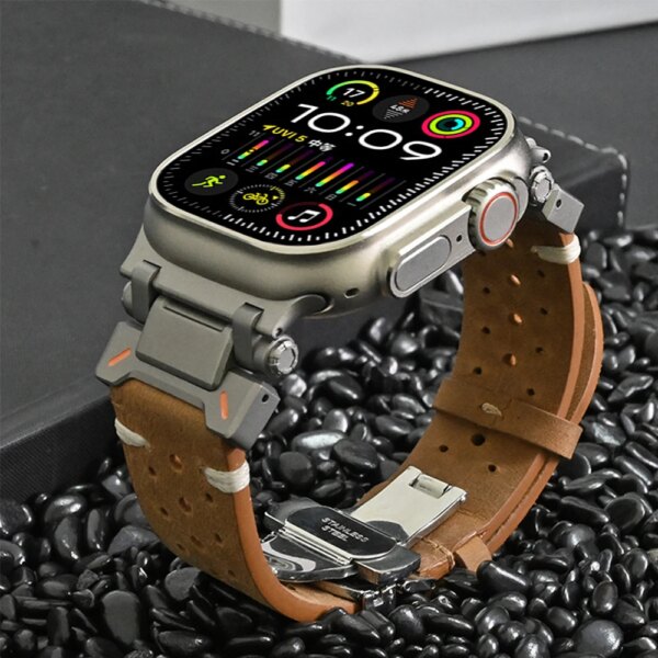 Genuine Leather Band for Apple Watch 49mm 45mm 44mm 42mm Titanium Color Connector Bracelet for Iwatch Series 7 8 6 5 Se 9 Ultra2