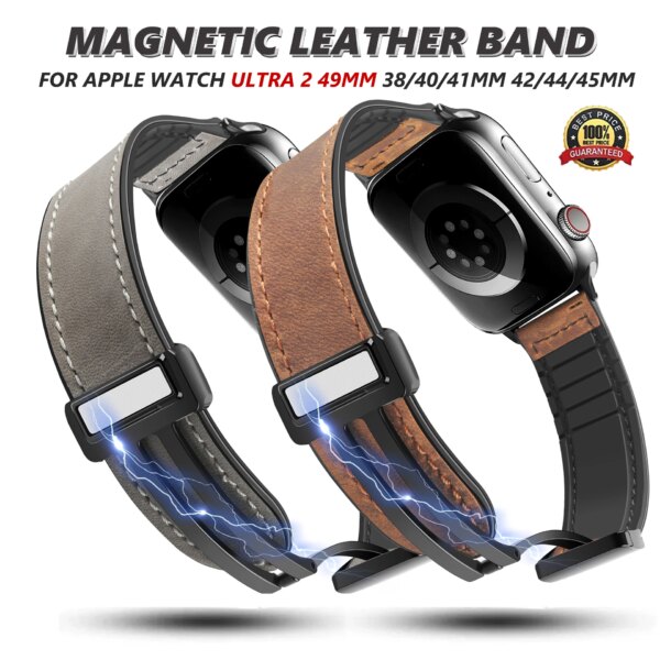 Genuine Leather Strap for Apple Watch 9 8 7 se 6 5 4 45 41mm 42 44mm 40mm Magnetic Bracelet for iWatch Ultra 2 49mm Luxury Band