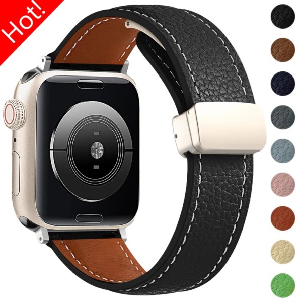 Genuine Leather Strap for Apple Watch Band Ultra 2 49mm 41mm 45mm 44mm 42mm Magnetic Bracelet for IWatch Series 9 8 7 6 5 4 SE