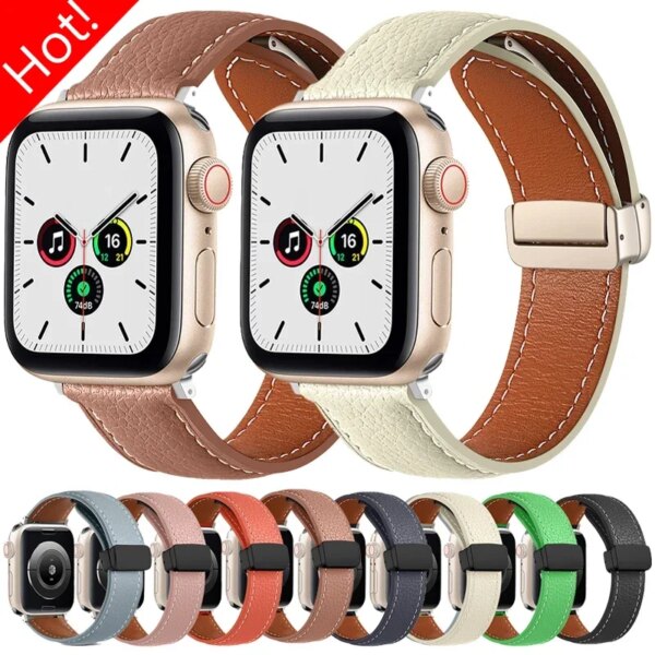 Genuine Leather Strap for Apple Watch Band Ultra 2 49mm 9 8 7 41 45mm Magnetic Buckle Bracelet for IWatch Series 6 5 SE 44 42mm