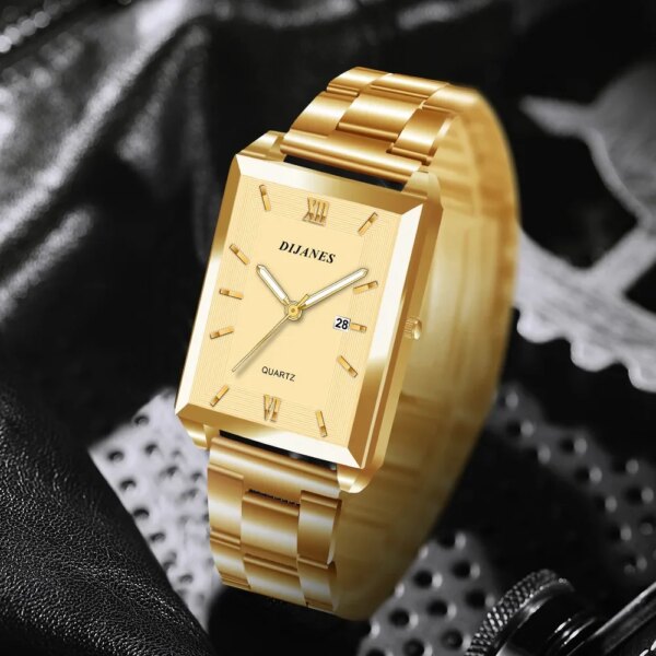 Gold Color Date Square Quartz Watch with Box for Women Men New Luxury Couple Watches Stainless Steel Casual Fashion Wristwatch