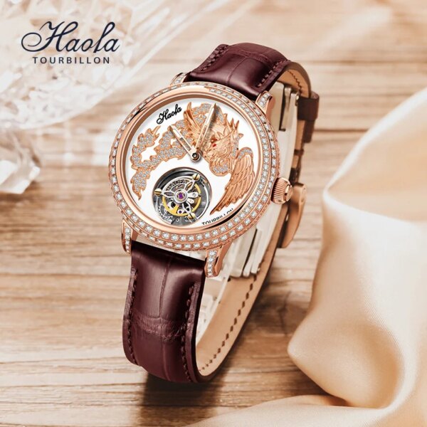 HAOFA Tourbillon Mechanical Manual Watch For Women Luxury Crystal Fashion Flying  Ladies Tourbillon Sapphire Watch Waterproof