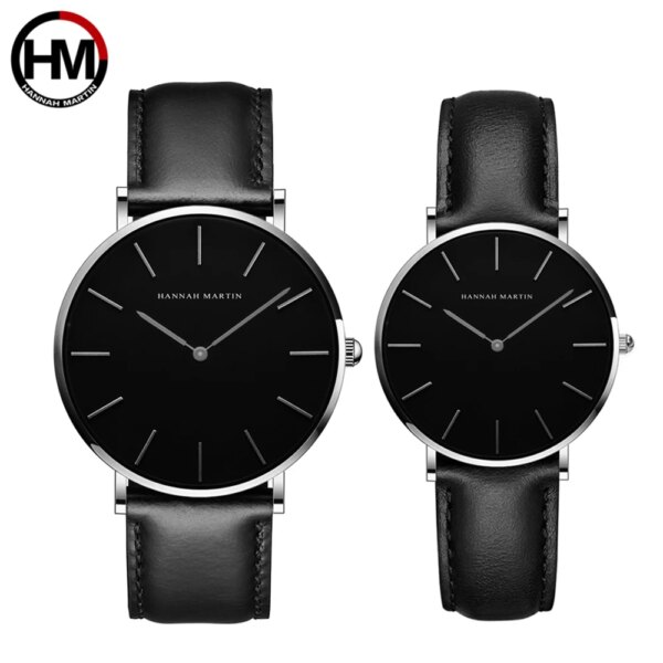 Hannah Martin Brand Couple Watch 6.9mm Ultra Thin Men's Quartz Wristwatches Japanese Movement Leather Fashion Simple Women Watch