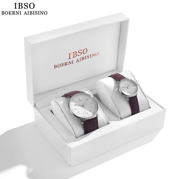 IBSO New 2022 Women Couple Watch Set Luminous Quartz Watches 3ATM Waterproof Genuine Leather Strap Best Quality Gifts For Lovers