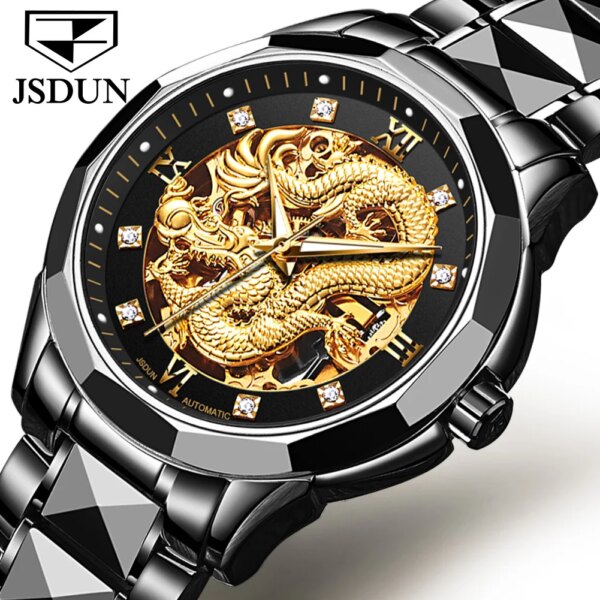 JSDUN 8840 Top Luxury Brand Automatic Mechanical Clock 3D Dragon Watch For Men Stainless Steel Business Waterproof Religios