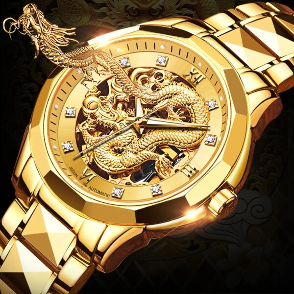 JSDUN Gold 3D Dragon Dial Watch For Men Luxury Brand Automatic Mechanical Watch Stainless Steel Strap Hollow-carved Reloj Hombre