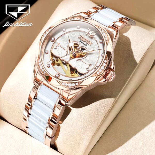 JSDUN Luxury Women Watch Automatic Mechanical Watch Elegant Skeleton Ceramic Watch strap Sapphire Mirror Surface Ladies Watch