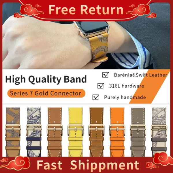 Kebitt Stainless Steel Gold Adapter Leather Iwatch Band For Apple Watch 9 8 Ultra 2 7 6 Se 5 Strap 41MM 45MM 49mm