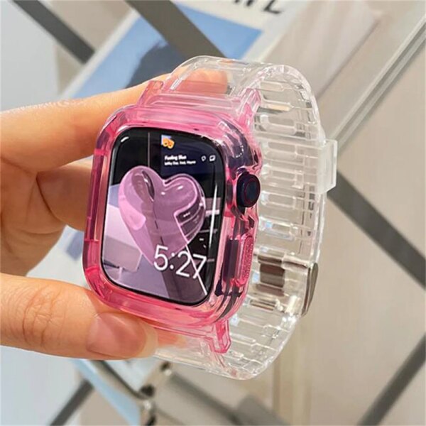 Korean Cute Gradient Clear Band + Case For Apple Watch  7 8 9 41 45MM 38 40mm 42 44mm Strap Women Bracelet For iWatch 6 SE 5 4 3