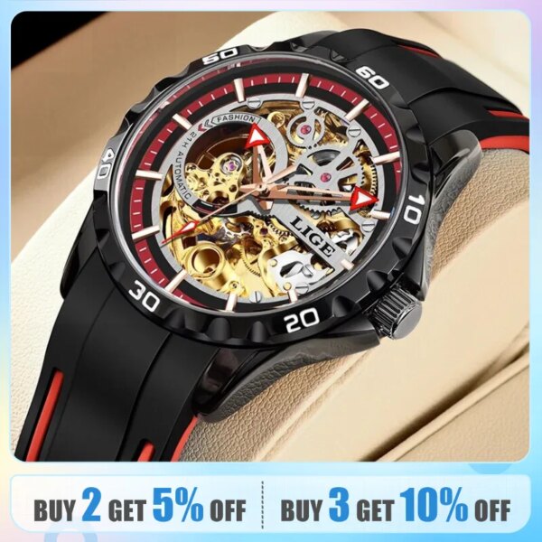 LIGE 2024 Fashion Men Watch Top Brand Mens Mechanical Watches Automatic Tourbillon Skeleton Watch Man Calendar Relogio Masculino