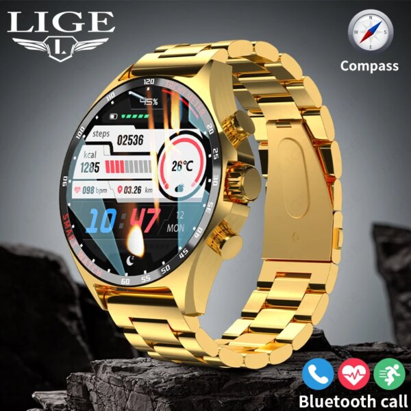 LIGE 2024 Smartwatch for Porsche Smart Watch Men Digital Watches Outdoor Sports Compass and NFC Bluetooth Call Wristwatch Golden