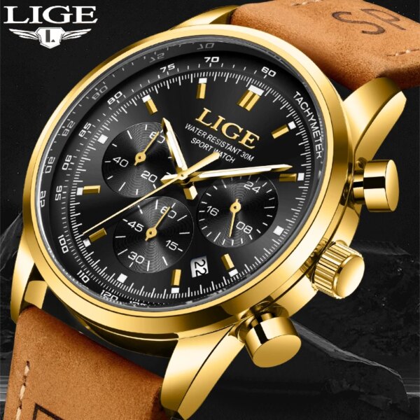 LIGE Fashion Quartz Men Leather Watch Top Brand Luxury Military Chronograph Waterproof Clock Sports Watch Relogios Masculino+BOX