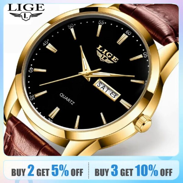 LIGE Fashion Watches Men Top Brand Luxury Quartz Watch Men Leather Strap Waterproof Business Casual Men Wristwatches Clock