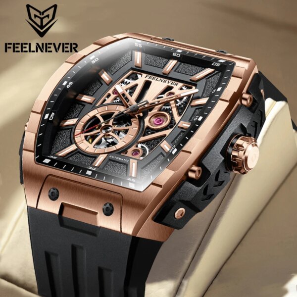 LIGE FeelNever Automatic Mechanical Man Watch Fashion Luxury Business Sapphire Fluororubber Strap Waterproof Clocks Reloj Hombre