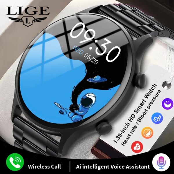 LIGE GPS Smart Watch Men's AI Voice Control Outdoor Sport Fitness Waterproof Bracelet Bluetooth Call for Android IOS Smartwatch