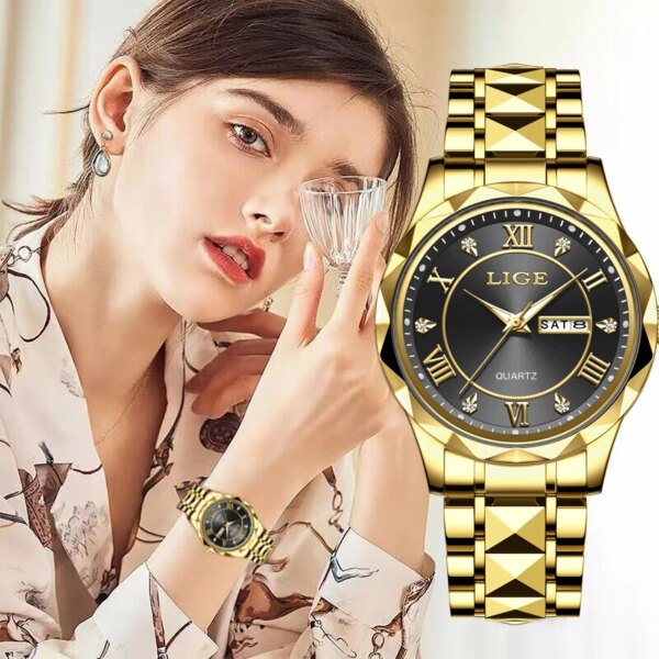 LIGE Luxury Ladies Dress Watch Luminous Waterproof  Woman Wristwatch Stainless Steel  Golden Women Quartz Watches reloj+box