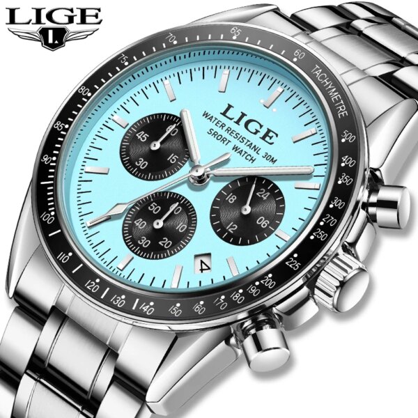 LIGE Luxury Watches for Men Chronograph Waterproof Luminous Date Man Wristwatch Stainless Steel Men's Watches Quartz Clock Reloj