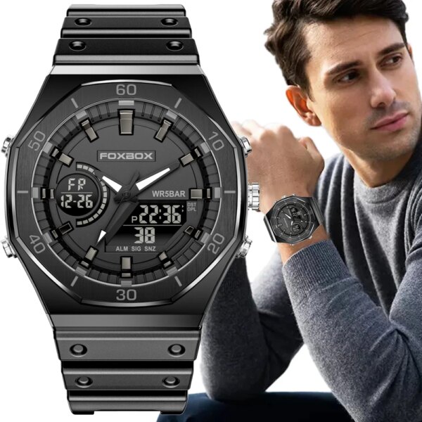 LIGE Men Watch FOXBOX Brand Luxury Dual Display Watches For Men Fashion Analog Digital Military Quartz chronograph Montre Homme